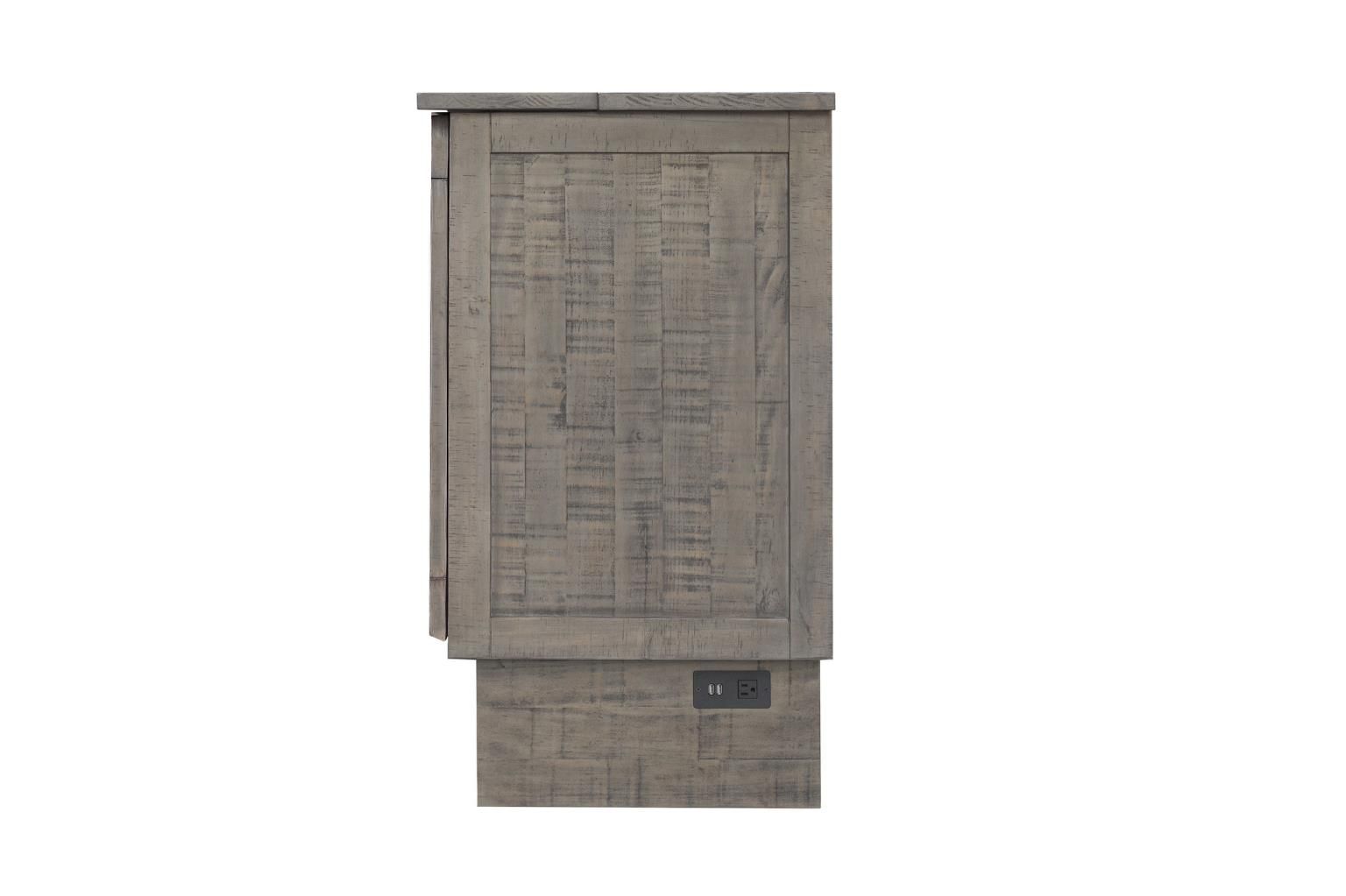 Medium grey wood with a rustic look cabinet bed with visible black hardware & decorative handles. Drawer at the bottom. Side View.