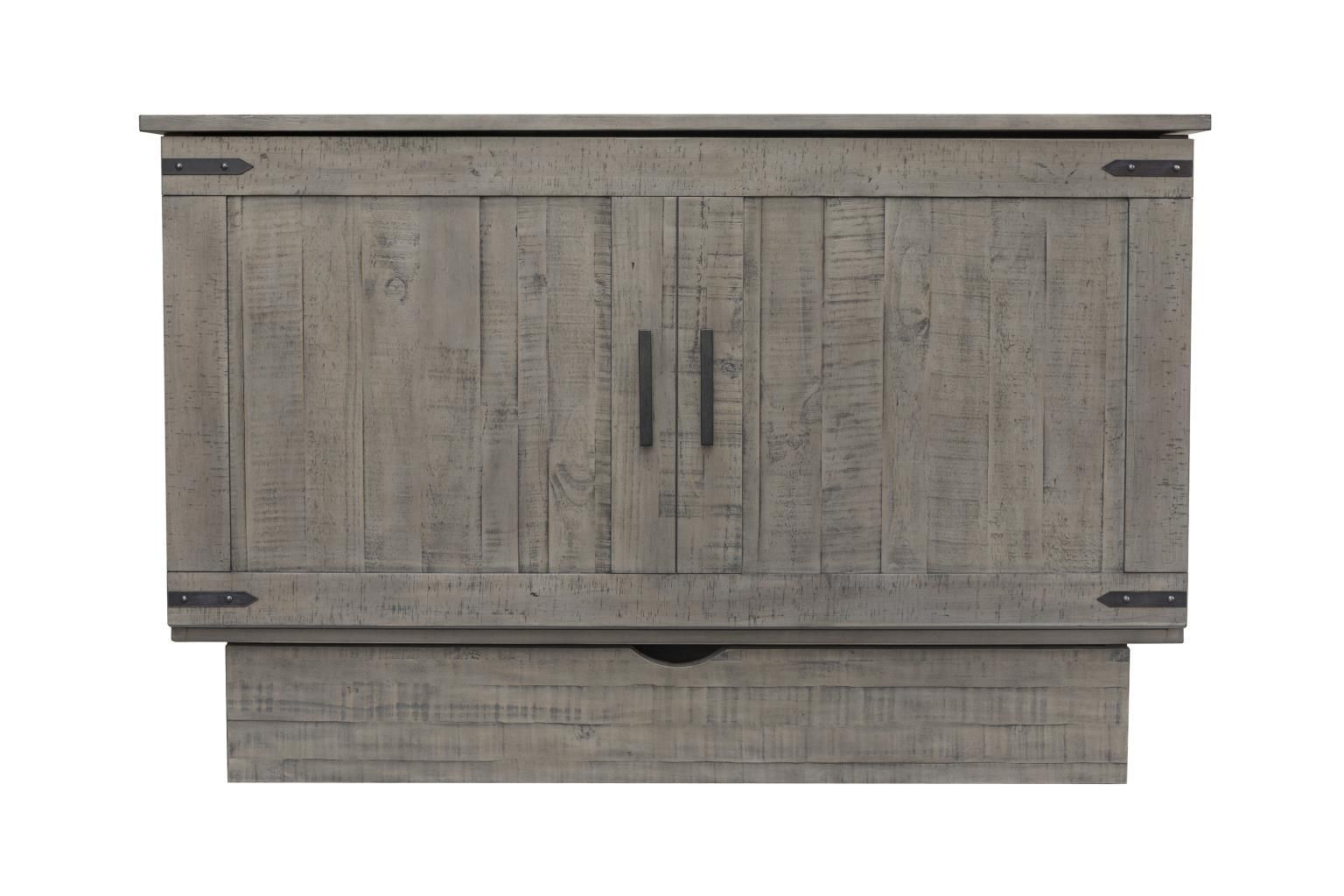Medium grey wood with a rustic look cabinet bed with visible black hardware & decorative handles. Drawer at the bottom. Front View.