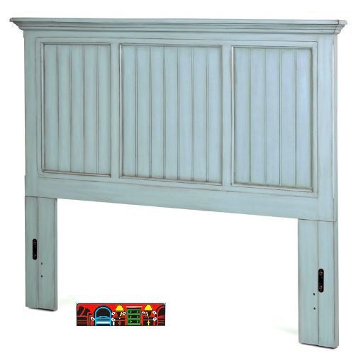 Headboard in solid wood, featuring a distressed light blue finish and a beadboard front design.