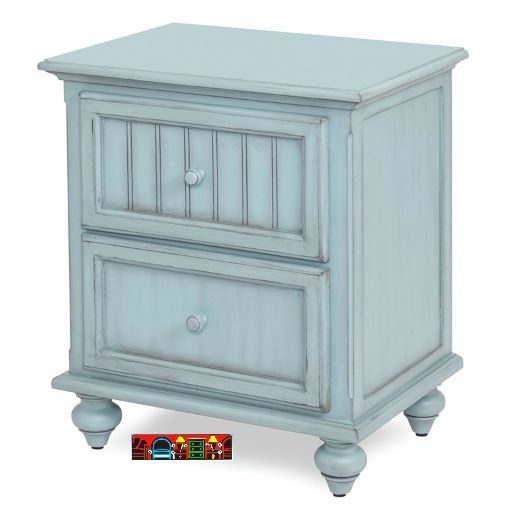 Nightstand in solid wood, featuring a distressed blue finish, elegant turned feet, and two drawers for storage.