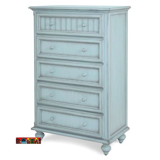 Bedroom chest in solid wood, featuring a light blue distressed finish, elegant turned feet, five drawers, and beadboard detailing.
