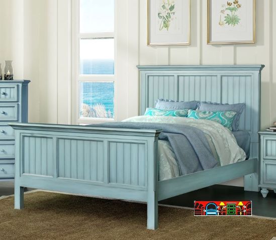 Monaco Panel bed, solid wood, casual style, distressed light blue finish, beadboard detailing.
