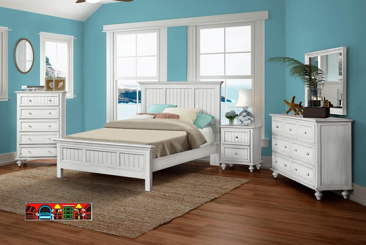 The Monaco bedroom set, featuring solid wood construction with a distressed white finish for a coastal look, is currently on sale at Bratz-CFW.