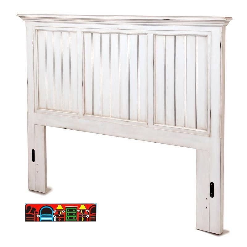 Headboard in solid wood with a distressed white finish and beadboard front. Available in Twin, Queen and King size.