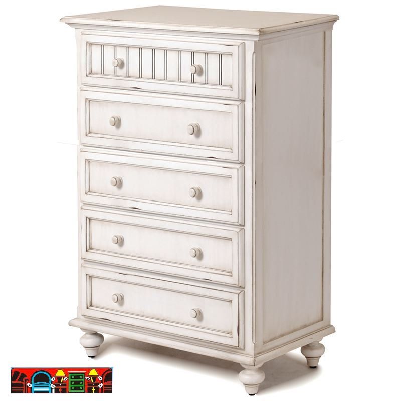 Monaco Bedroom chest in solid wood, featuring a distressed white finish, elegant turned feet, five drawers, and round, matching handles.