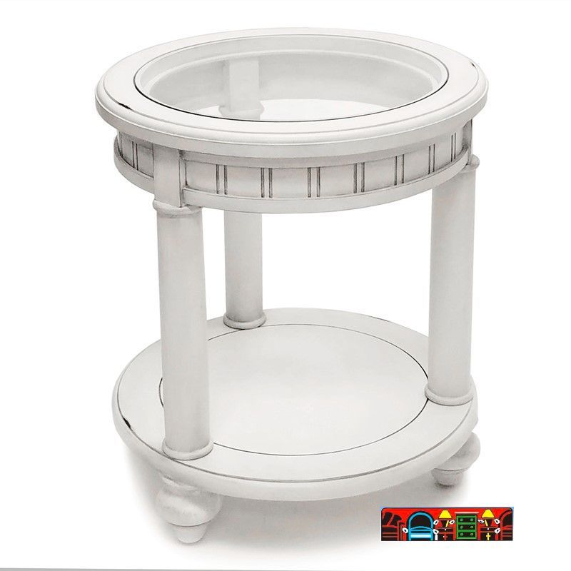 End table: casual style, solid wood, distressed white finish, with turned feet, round, glass top, and a bottom shelf.