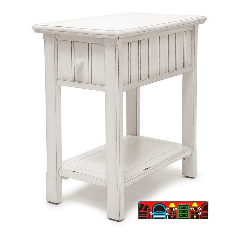 Chairside table in solid wood, featuring a distressed white finish, one drawer, beadboard accents, and a lower shelf.