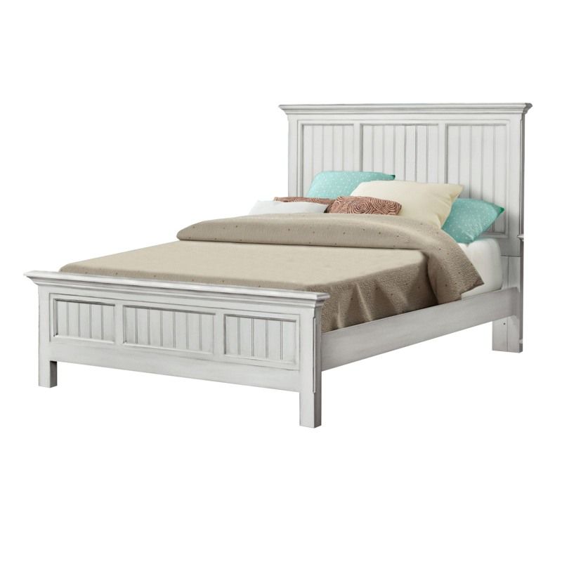 Panel Bed in solid wood with a distressed white finish and beadboard front. Available as Queen or King size.