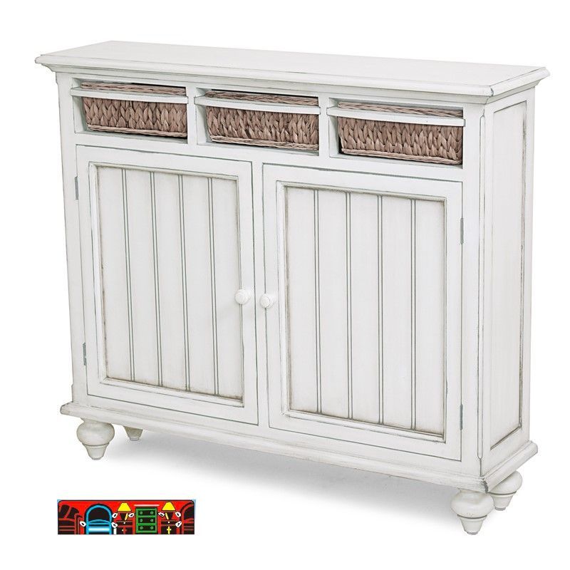 Entryway cabinet, crafted from solid wood with a distressed white finish, featuring turned feet, two doors, beadboard detailing, and three natural-colored woven baskets.