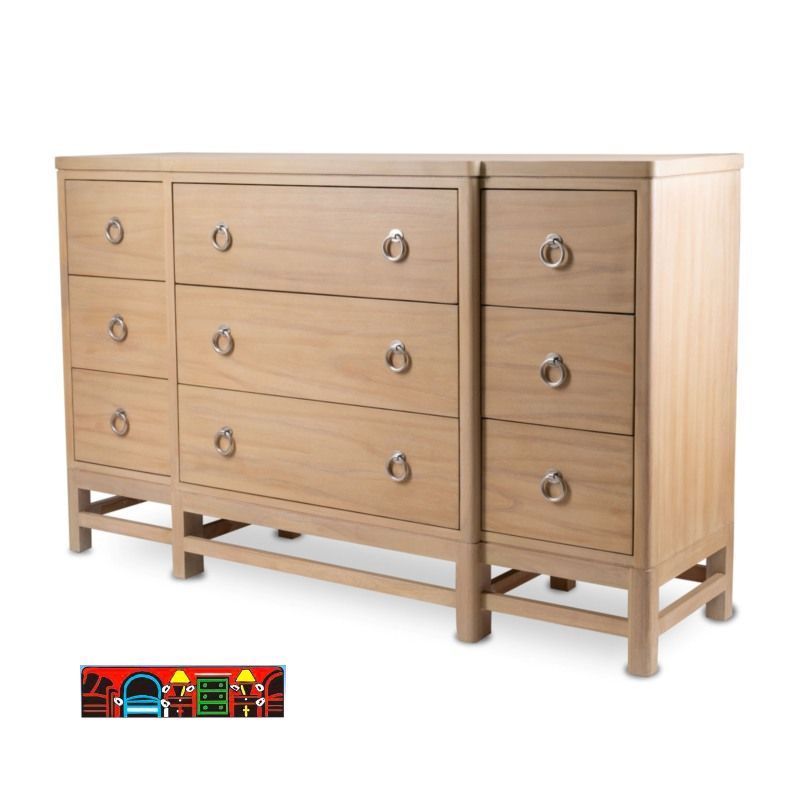 The Monterey dresser, featuring a casual design with solid wood construction and a sandstone finish, includes nine drawers with nickel handles. It is currently on sale at Bratz-CFW.
