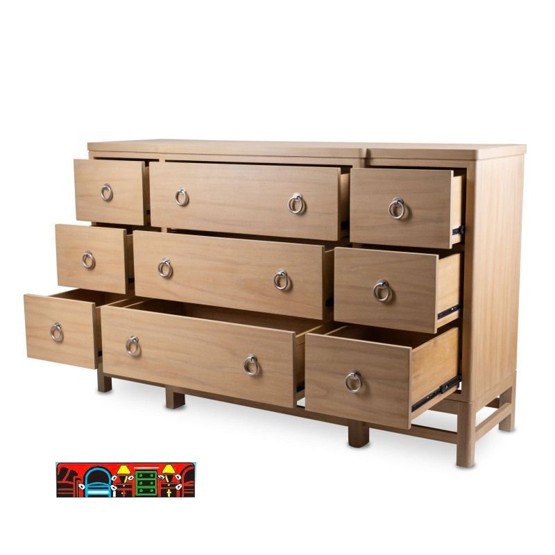 The Monterey bedroom dresser, featuring a sandstone finish and nine drawers, showcases full-extension drawer glides.