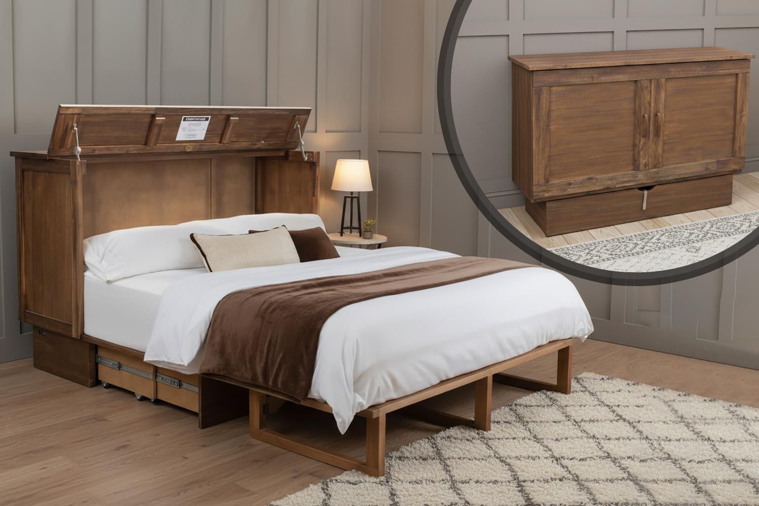 Dark brown cabinet bed with mattress 2 wooden decorative handles & drawer at the bottom.