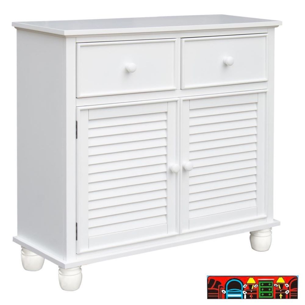 The Nantucket Cabinet, crafted from wood and finished in white. Features Two drawers, two doors, and a shelf. It is available at Bratz-CFW in Fort Myers, FL.