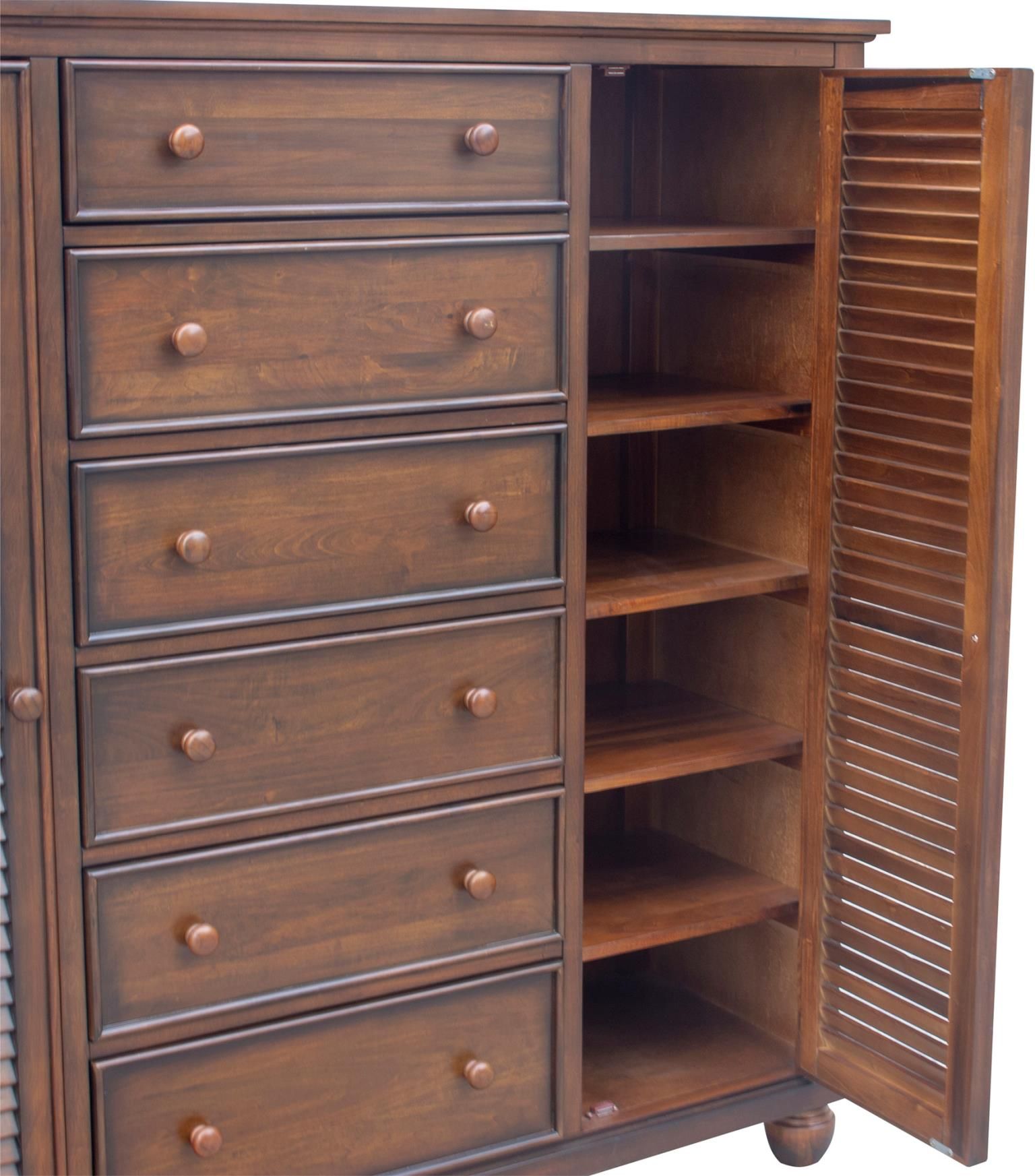 Nantucket Chifferobe in allspice brown, crafted from solid wood, featuring six drawers, two doors, and bun feet. Door open.