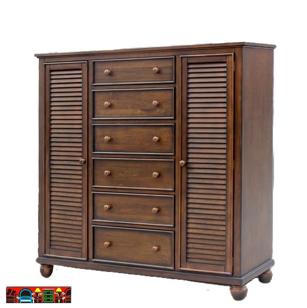 Nantucket Chifferobe in allspice brown, crafted from solid wood, featuring six drawers, two doors, and bun feet. Side View.