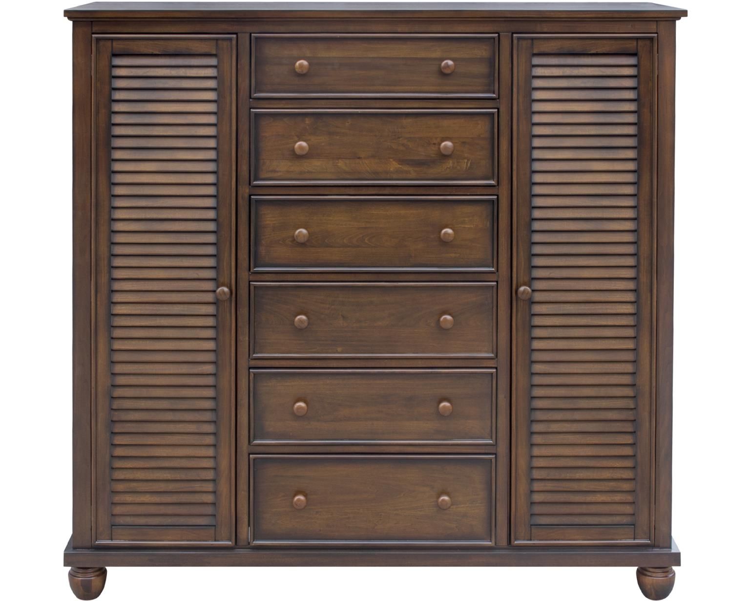 Nantucket Chifferobe in allspice brown, crafted from solid wood, featuring six drawers, two doors, and bun feet.