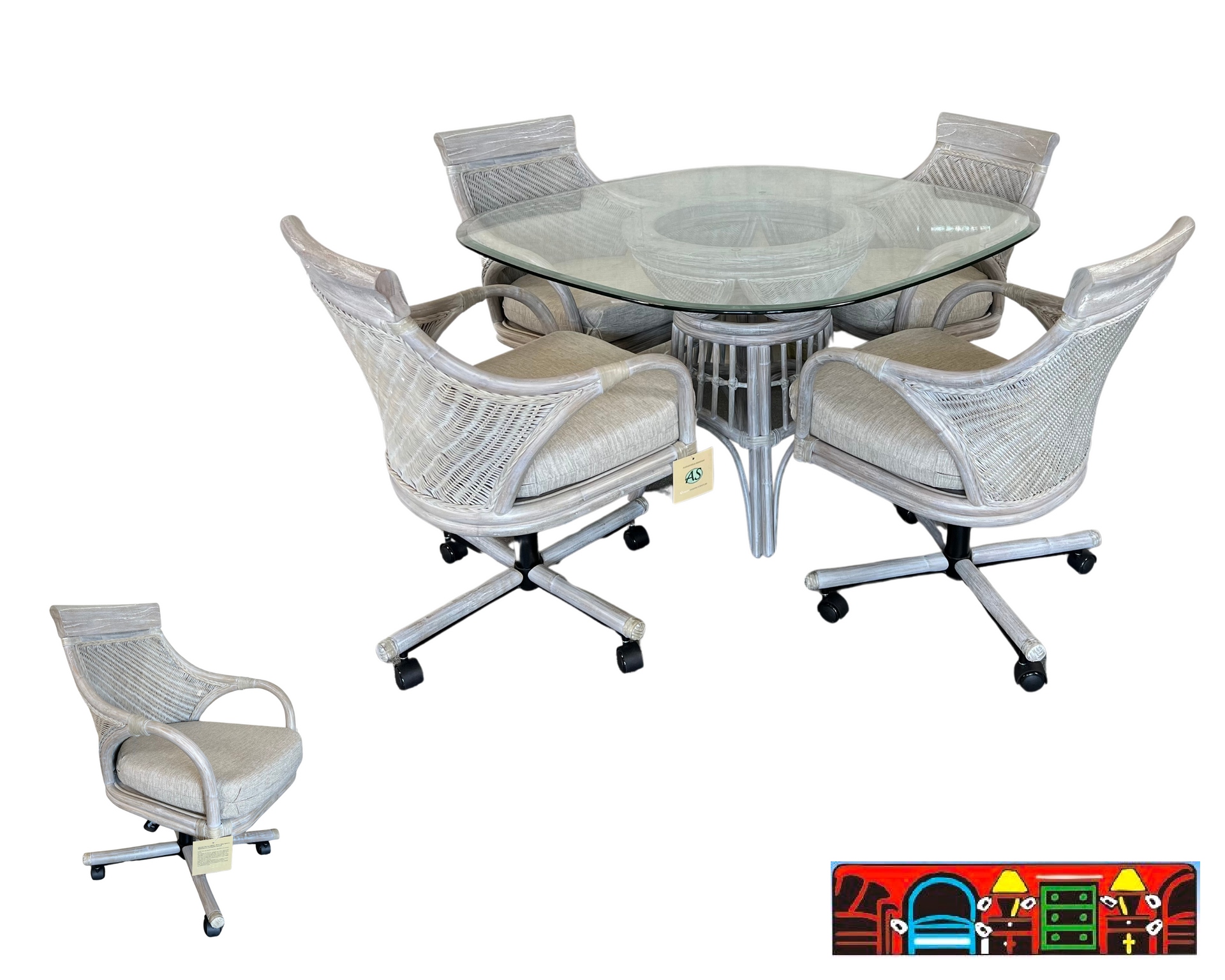 Driftwood grey rattan-wicker-wicker and glass table with 4 swivel tilt armchairs off white cushion with multiple color fish print cushion