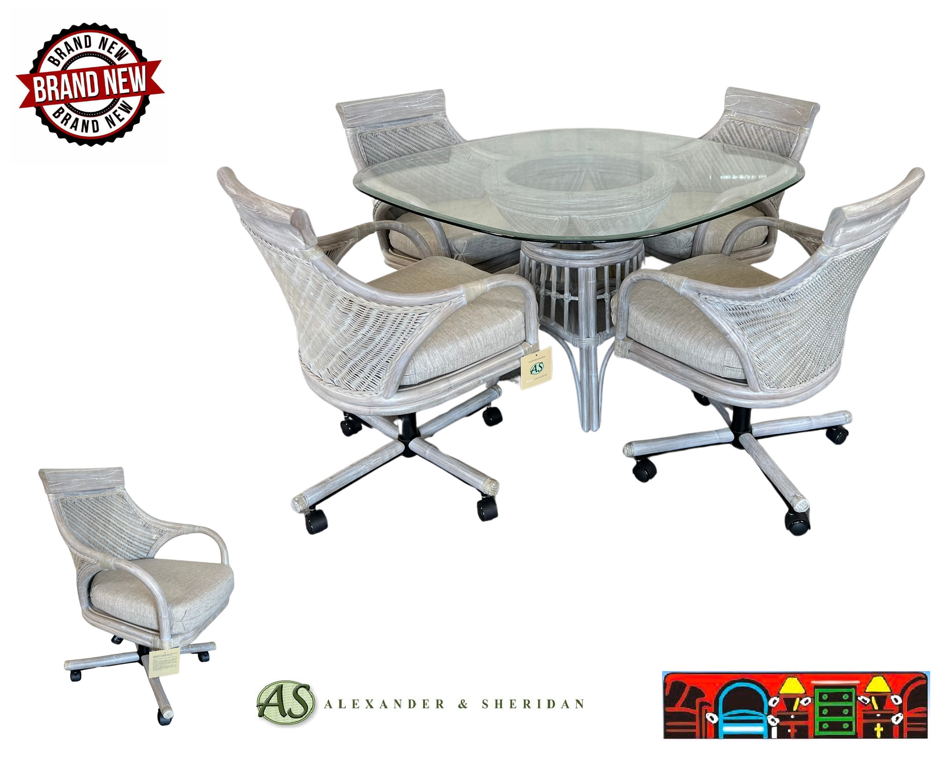 Bermuda Rattan five-piece dining set with casters, featuring a glass top in driftwood color.