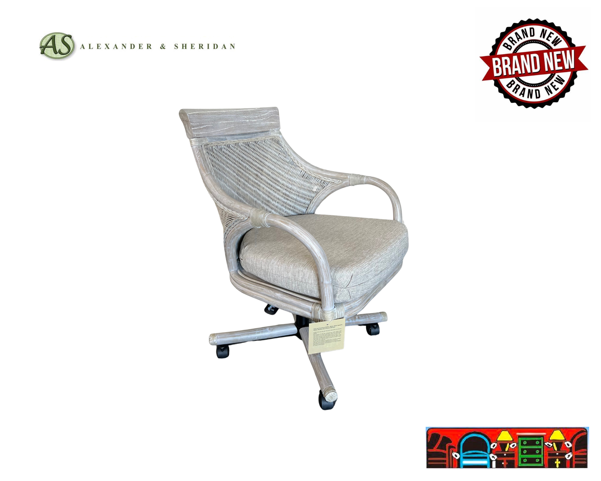 Driftwood grey rattan-wicker-wicker swivel tilt armchairs off white cushion with multiple color fish print cushion