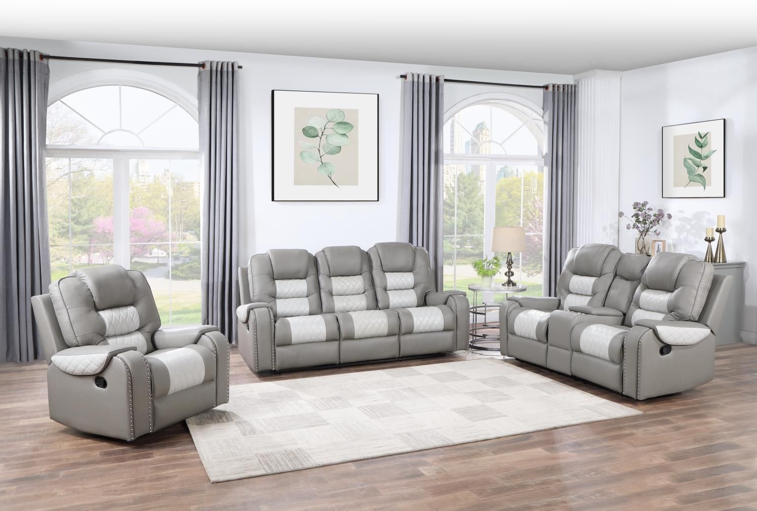 Harlow grey two-tone, hi-back reclining sofa, loveseat with center console and rocker recliner