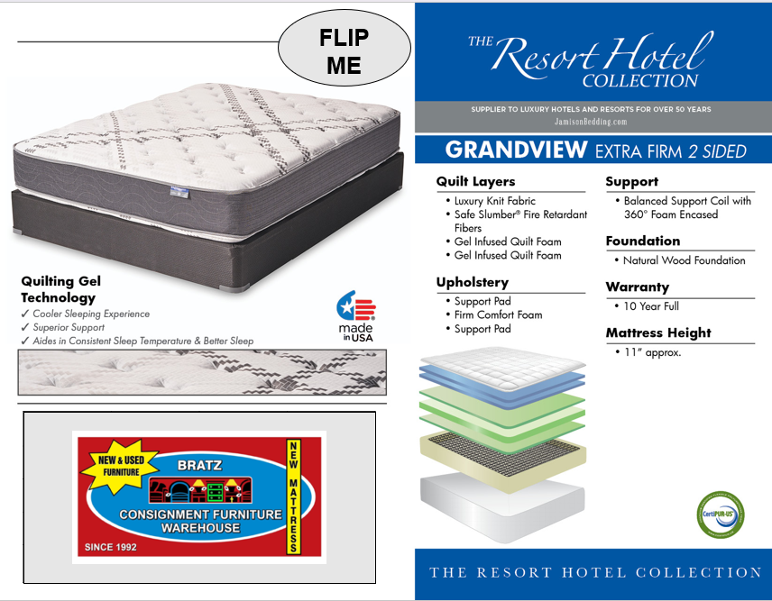 new Jamison Grandview extra firm two-sided mattress available in twin, full, queen and king sizes