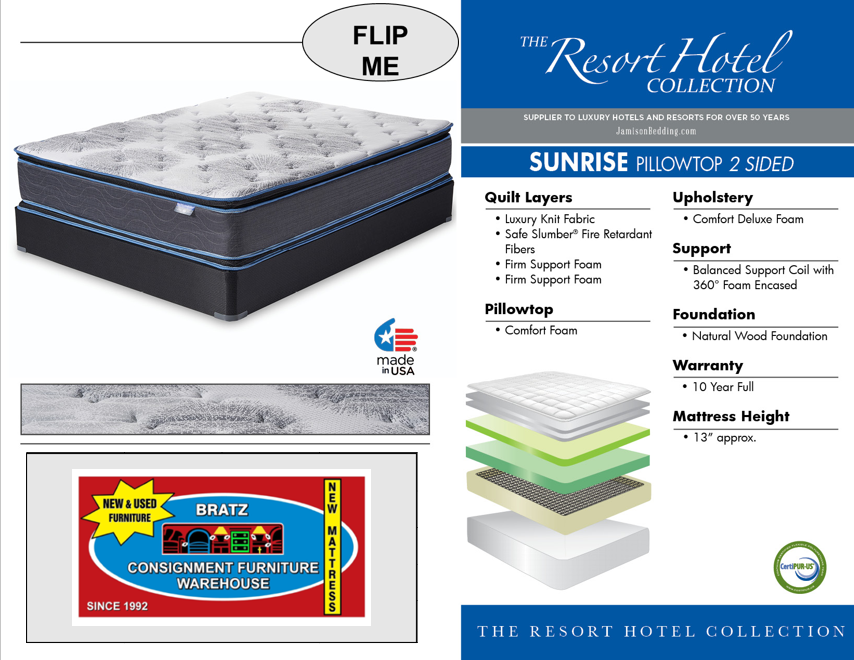 new Jamison Sunrise double pillowtop plush two-sided mattress available in Twin, Full, Queen and King sizes.