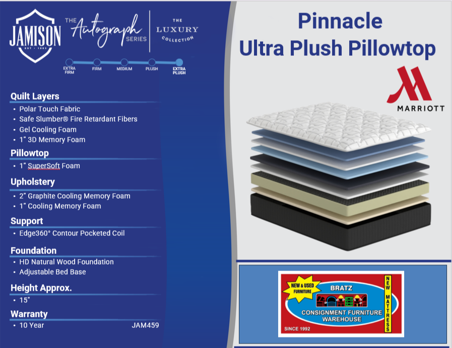 Pinnacle ultra plush pillowtop mattress available in twin, full, queen and king sizes.