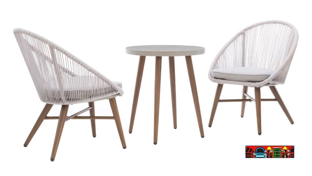 Small aluminum, wood & rope round end table and 2 chairs with grey cushions