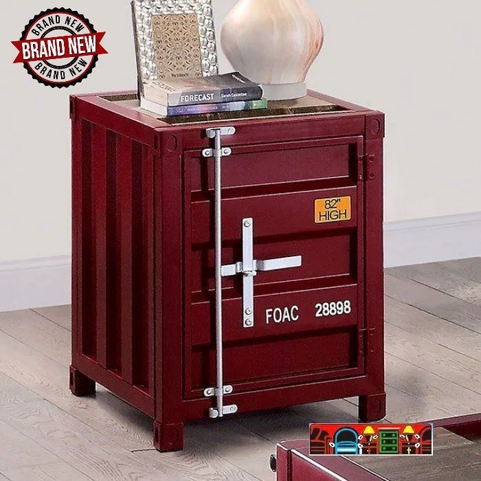 new red metal shipping container inspired end table for sale at bratz-cfw/fort myers fl.