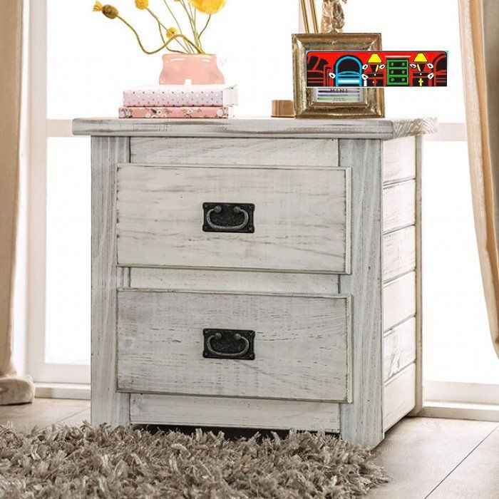 white 2 drawer youth nightstand with black iron handles