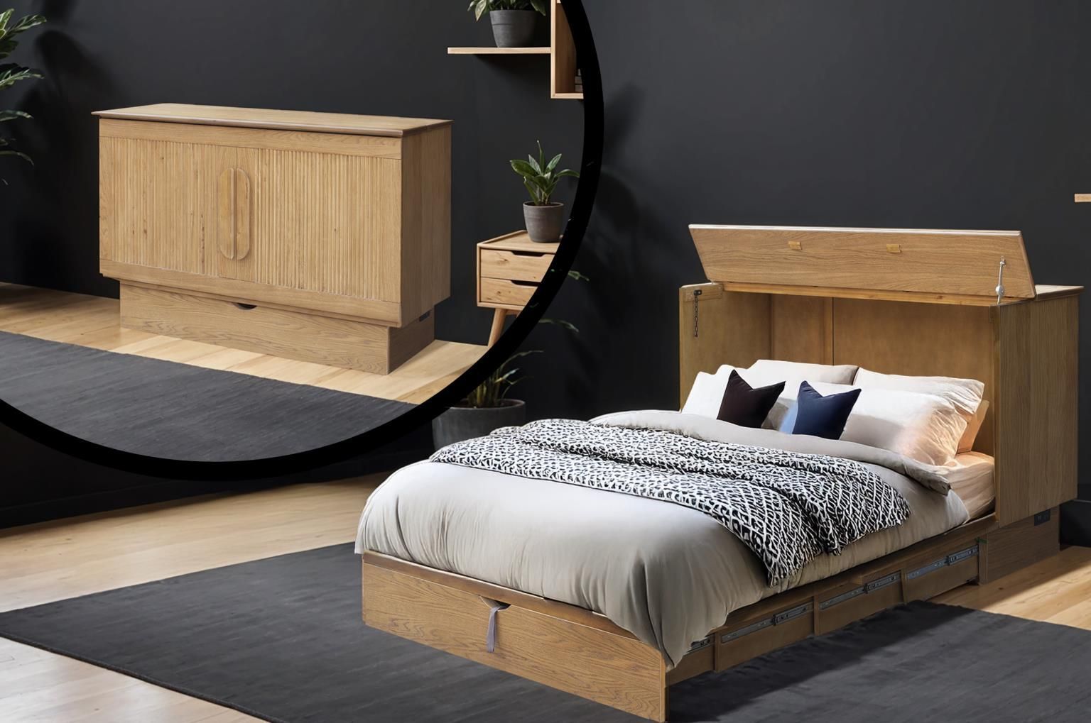 Oak finish cabinet bed with a decorative pencil wood design and 2 large wood handles. with a drawer at the bottom.