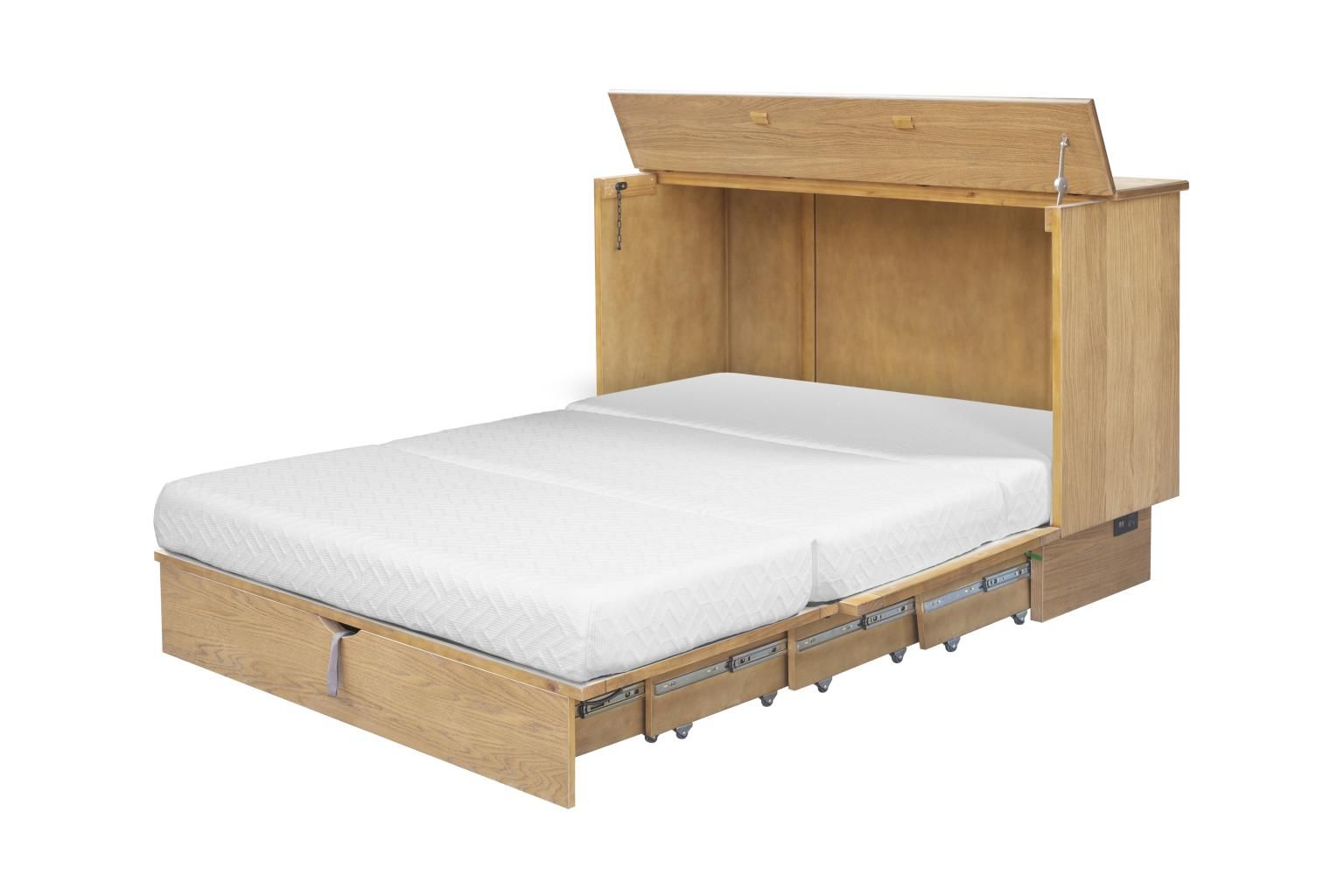 Oak finish cabinet bed with a decorative pencil wood design and 2 large wood handles. with a drawer at the bottom. Displayed with the mattress.