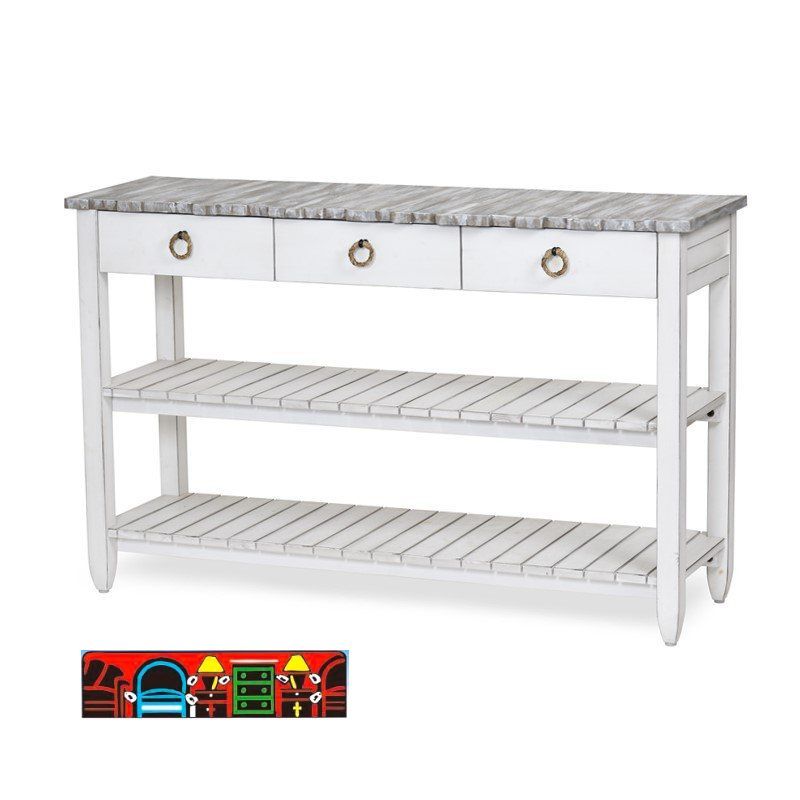 The Picket Fence Entertainment Center offers a coastal charm with its solid wood construction, distressed white finish, weathered grey top, and rope pulls. Available at Bratz-CFW.