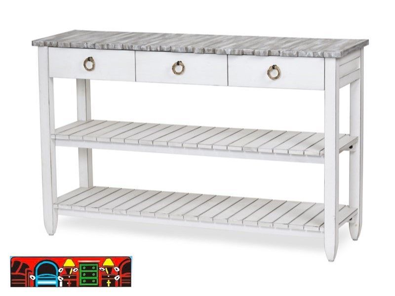 This entertainment center has a coastal look. Featuring 3 drawers above 2 plank shelves. With a unique blend of colors and a touch of distressing. The drawers slide smoothly on full extension ball bearing glides. The drawers also have natural rope ring pulls. Covered in a Distressed Grey/Blanc finish that is eco-friendly and water based.