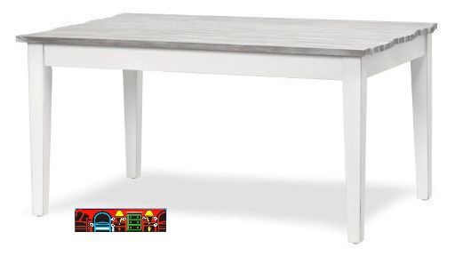 A rectangular dining table in distressed white and weathered grey.