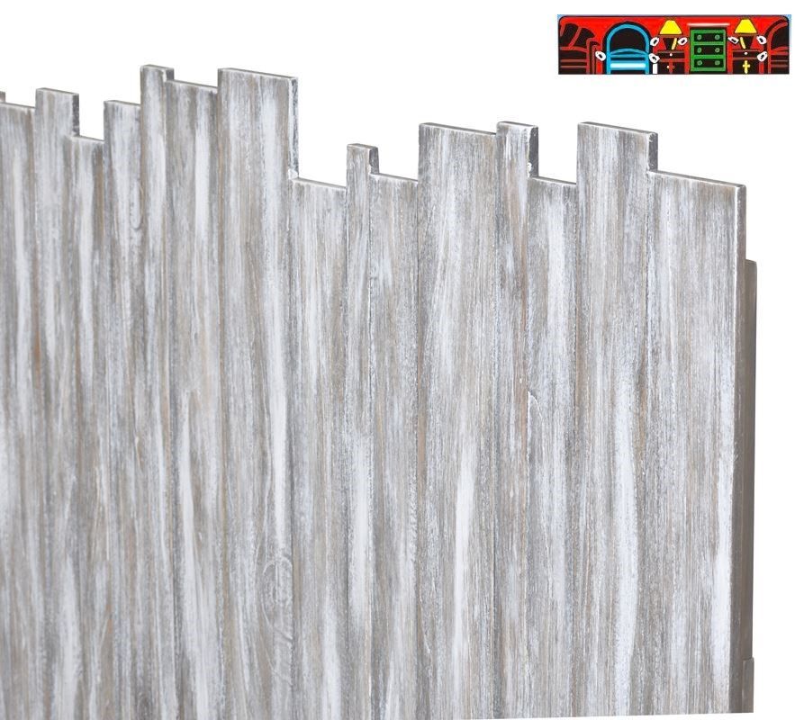 The Picket Fence Bedroom Headboard offers a coastal charm with its solid wood construction, weathered grey look. Close Up.