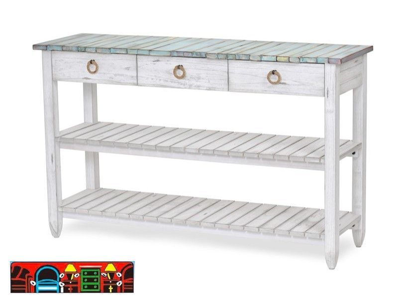 The Picket Fence Entertainment Center offers a coastal charm with its solid wood construction, distressed white finish, weathered blue top, and rope pulls. Available at Bratz-CFW.