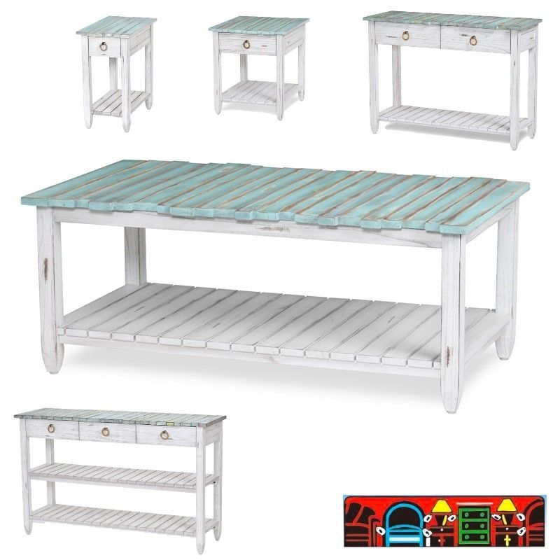 'Close-up view of a two-tone, weathered-white and weathered-blue topped sofa table featuring a slatted bottom shelf and two drawers with rope pulls.'
