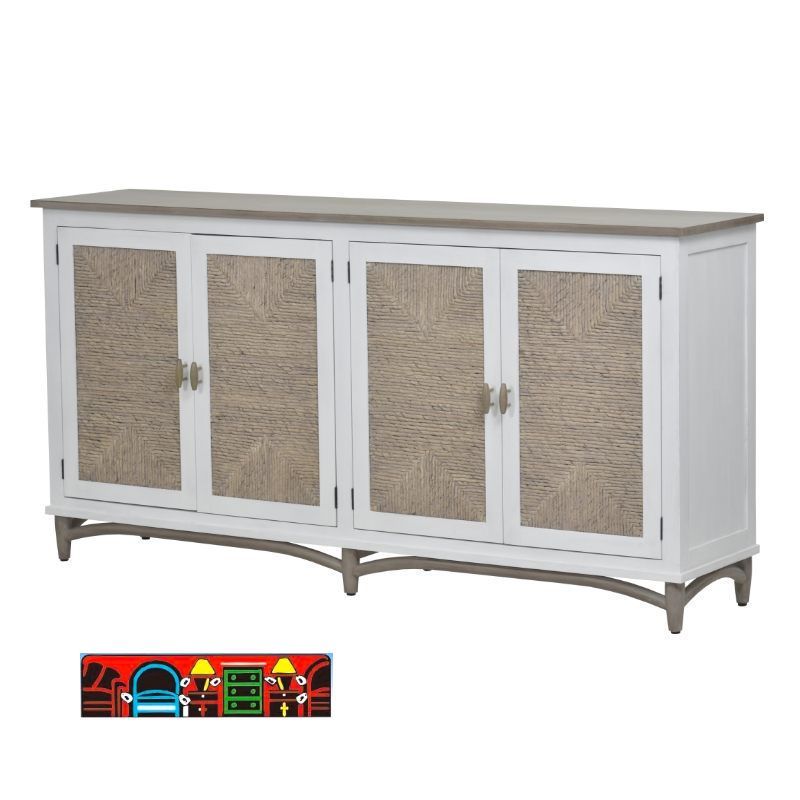 A white wood frame and a sandy brown top give the Port Royal Credenza a two-tone design. It has four doors with natural color woven fronts and matching handles. The doors open to reveal a shelf each. The credenza rests on a natural color arched wood base.