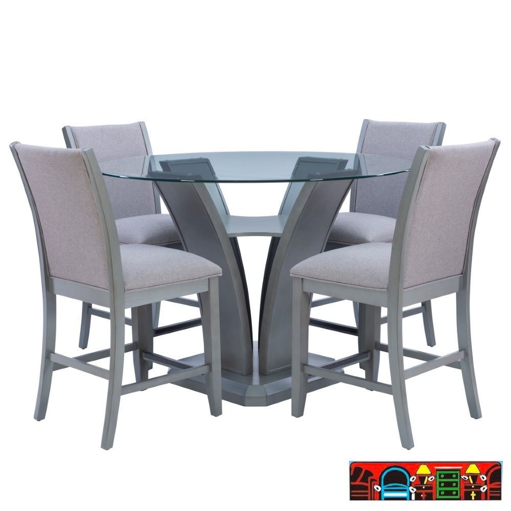 Bellevue 5-piece counter-height dining set in grey, featuring a glass top, upholstered cushions and backs, available at Bratz-CFW in Fort Myers, FL.