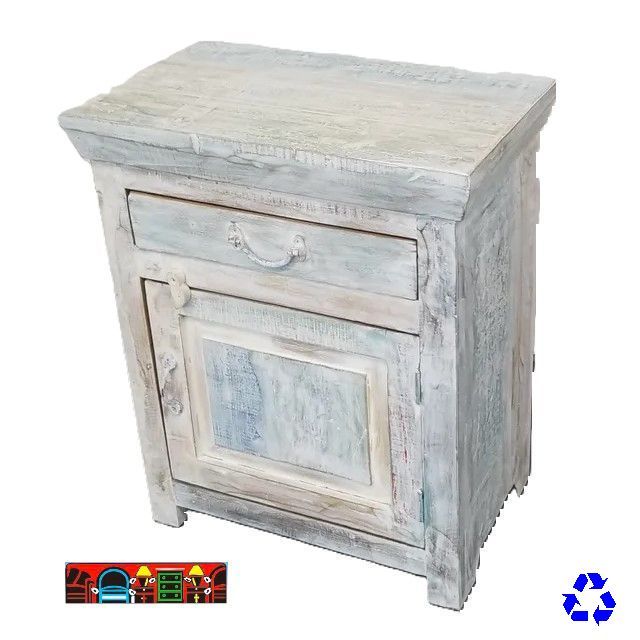 Nightstand in reclaimed wood, multicolored, featuring one door, available at Bratz-CFW in Fort Myers, FL.
