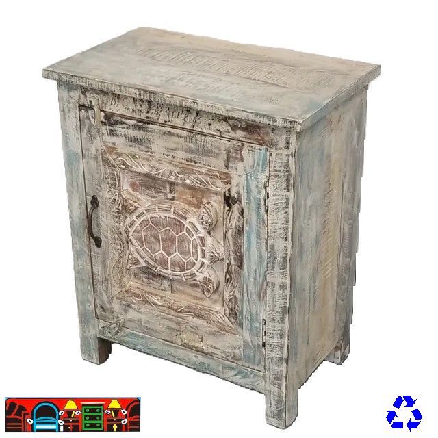 Nightstand in reclaimed wood, multicolored, featuring one door with carved turtle, available at Bratz-CFW in Fort Myers, FL.