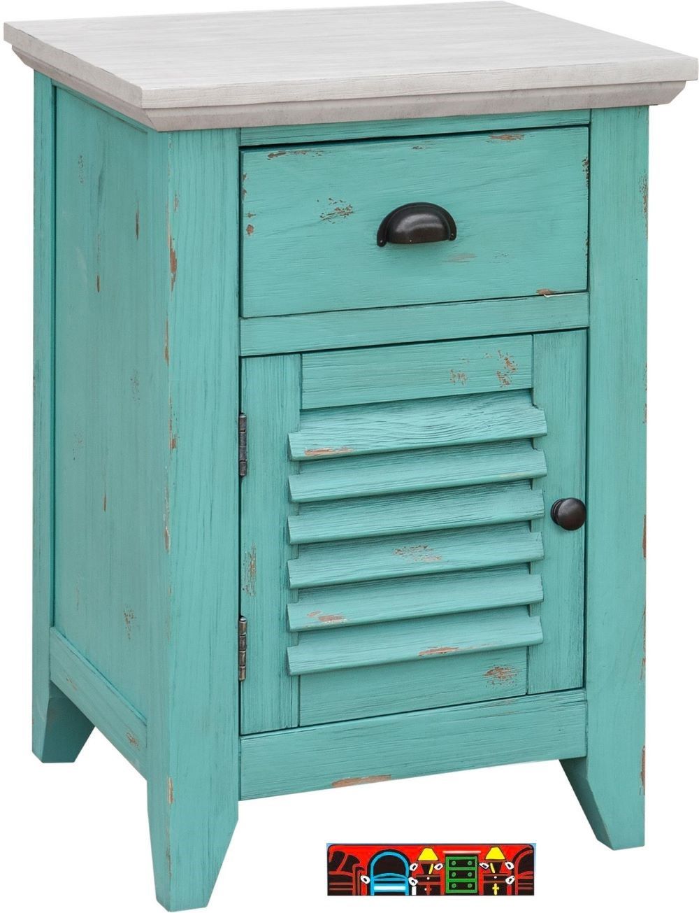 The Rosalyn Door Nightstand, crafted from wood and finished in green with natural top. Features One drawer and one door. It is available at Bratz-CFW in Fort Myers, FL.