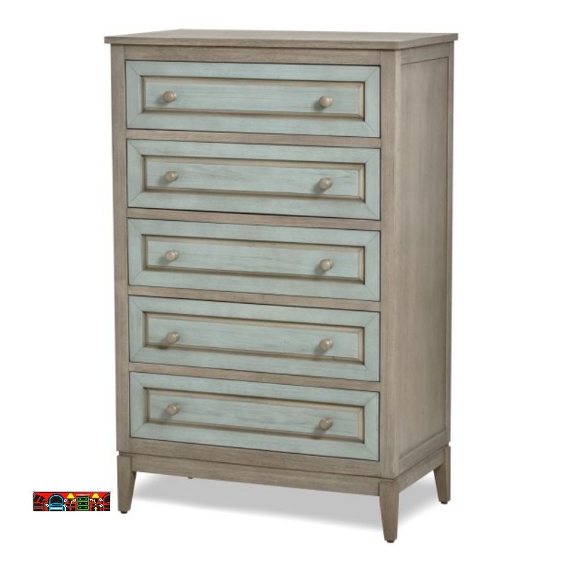 Bedroom chest in solid wood, featuring a distressed green and gray finish, perfect for a coastal theme.