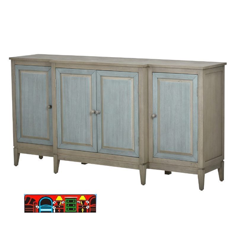 Credenza in coastal style, crafted from solid wood with a distressed green and gray finish, featuring four doors. 