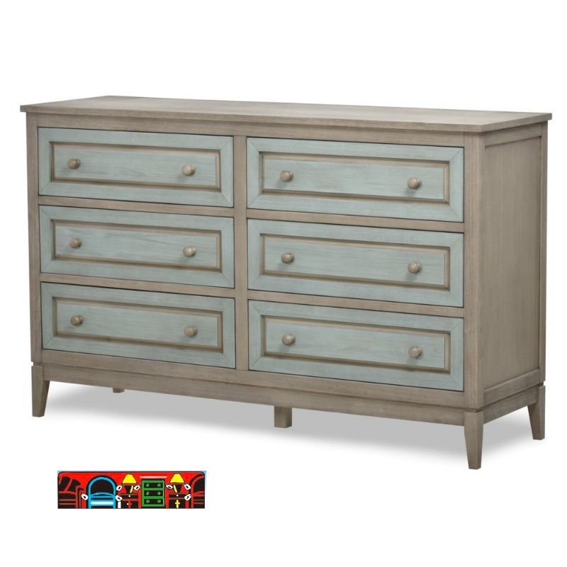 Double Dresser, crafted from solid wood with six drawers, featuring a distressed finish in green and gray, designed with a coastal theme.
