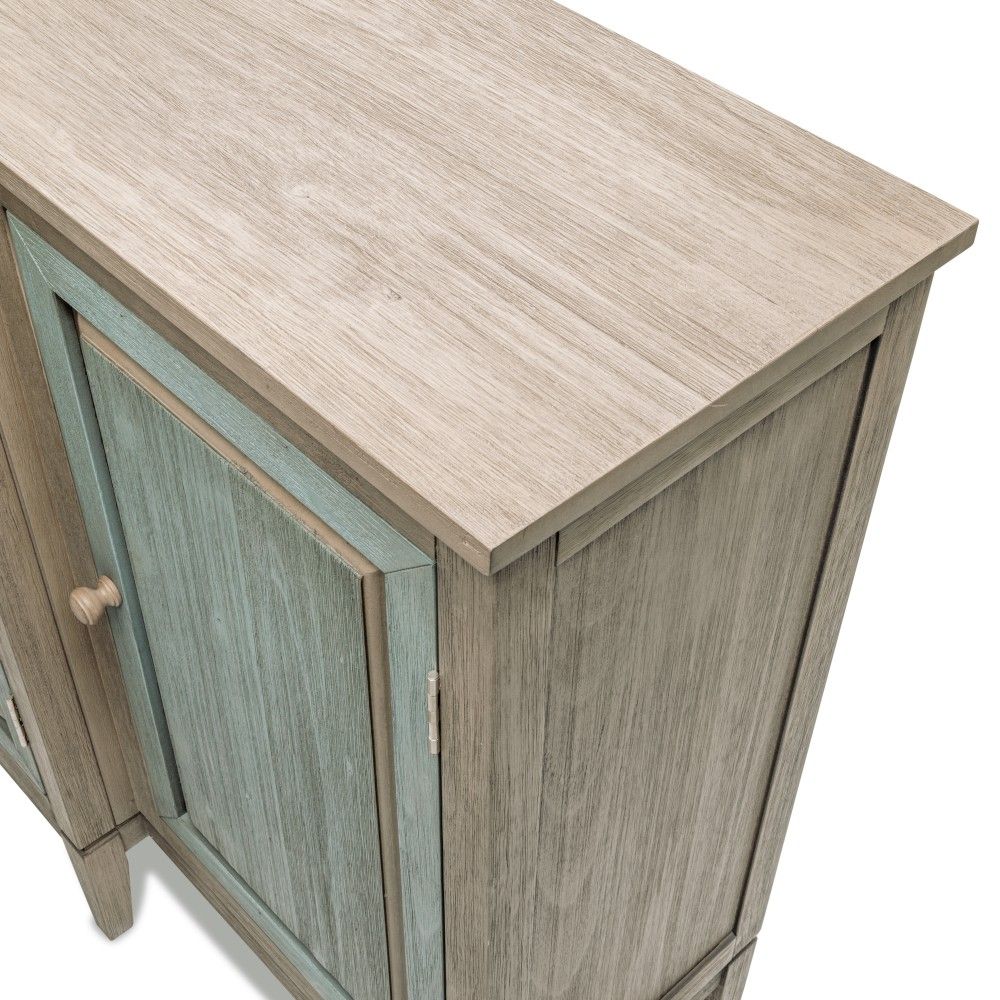 Credenza in distressed green and gray, detailed view.