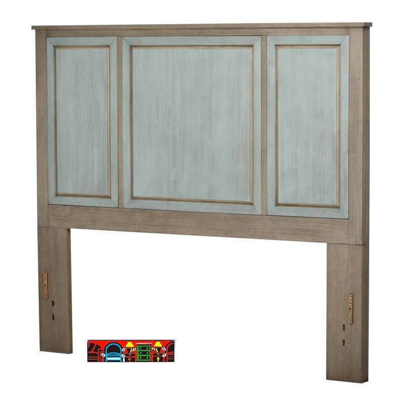 Panel headboard, coastal style, solid wood, distressed in green and gray.
