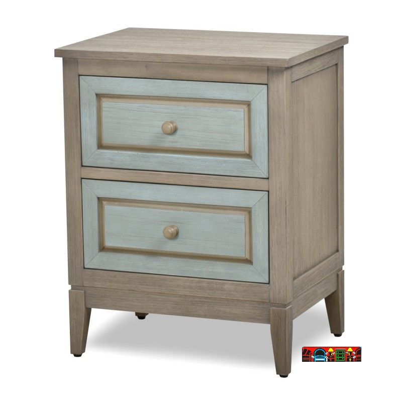 Bedroom nightstand in solid wood, featuring a distressed green and gray finish, coastal style, with two drawers.