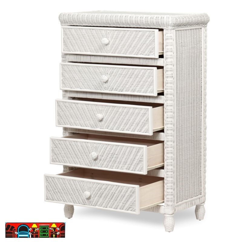 The Santa Cruz white wicker bedroom 5 drawer chest is available at Bratz Consignment Furniture Warehouse in Fort Myers, FL.